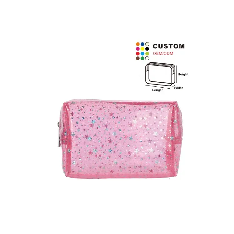 Huahao 핑크 화장품 가방 사용자 정의 로고 인쇄 패션 메이크업 가방 방수 PVC 젖빛 투명 화장품 가방