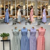 Robe longue décontractée pour femme, style simple, sans manches, col chemise, rayures sauge, boutonnée, ceinture, coupe trapèze, collection 2026, vente en gros