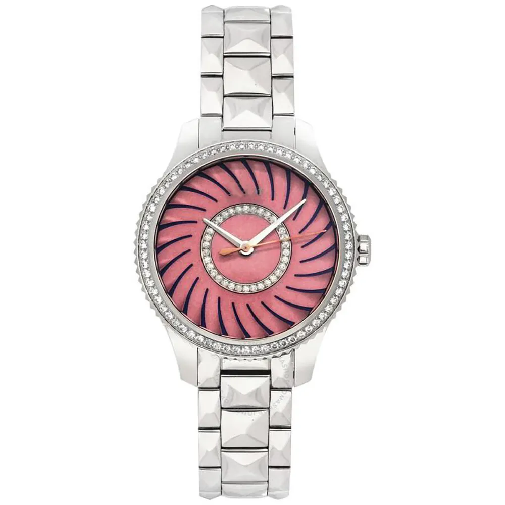 women pink dial stainless steel quartz diamond watch