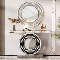 Table console miroir Tribesigns de 43 pouces avec miroir circulaire en cristal de 31,5 pouces, table console avec miroir, salon