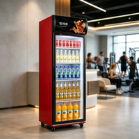 Réfrigérateur à boissons rouge à porte unique avec refroidissement direct monté en haut et vitrine en verre pour salle de sport, café et commerce de détail