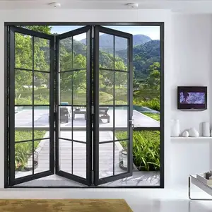 CBMMART העיצוב המודרני העדכני ביותר של אלומיניום זכוכית מחוסמת דלתות דו-פיפוליות עם מערכת דלתות הזזה מתקפלת עם רשת פנימית