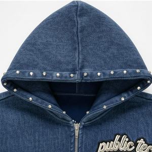 Sweat à capuche zippé pour homme, coupe ample, avec applique brodée personnalisée de haute qualité, grammage lourd 450 g/m², délavage acide vintage et strass - Product Image 2