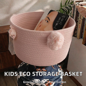 Panier de rangement multifonction moderne et durable pour enfants, style nordique, en corde de coton avec boule de fourrure, pour jouets et entrée - Product Image 2