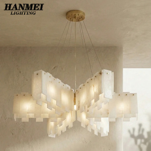 Modern Luxurious Copper & Marble Chandelier Pendant <b>Light</b> Adjustable Height AC Compatible Warm White LED for Hotel <b>Dining</b> Rooms - Product Image 2