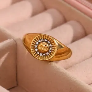 Engraved Sun Face Zircon Signet Ring 18K Gold Plated Stainless Steel Titanium Ring