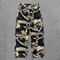 Celana Jeans Camo Motif Daun Pohon Asli, Model Longgar, Kaki Lurus, Denim Vintage, Kamuflase Hutan Hitam, Celana Streetwear, Baggy