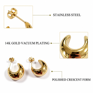 Pendientes de luna creciente gruesos, de acero inoxidable con baño de oro de 14K al vacío, estilo escultórico - Product Image 4