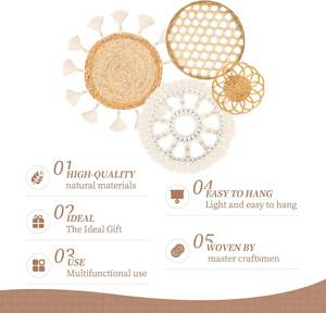 보헤미안 벽 바구니 장식 - 평평하게 짜인 바구니 벽걸이 장식, 둥근 태슬 화이트 마크라메 태피스트리 벽 장식 - Product Image 3