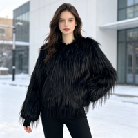 Manteau long noir en fausse fourrure avec franges, col rond, coupe ample, coupe droite, manteau chaud, fabrication sur mesure, vente en gros