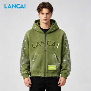 เสื้อฮู้ดดี้ Lancai ทรงโอเวอร์ไซส์ ล้างสีแบบแอซิดวอช แต่งซิป ประดับหมุด ดีไซน์วินเทจแบบซันเฟด แต่งสไตล์ดิสเทรส ผ้าเทอร์รี่คอตตอน 100% ประดับคริสตัล - Product Image 3