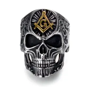 Grosir Freemasonry Cincin Tengkorak Punk Ring Domatic Kepribadian Pria Cincin Paduan Seng Opp Tas Stainless Steel Skeleton 2-7 Hari