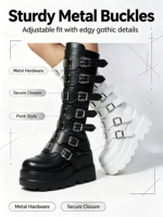 Bottes mi-mollet gothiques punk pour femme, avec plateforme, multi-boucles métalliques, fermeture éclair latérale, rehaussantes, tendance, vente en gros