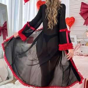 XX110 Lencería Sexy de Encaje para Mujer, Camisón Elegante Largo, Bata de Novia, Kimono Erótico de Malla para Boda, Verano y Otoño - Product Image 2