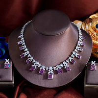 Parure de bijoux de mariée de luxe en zircon cubique violet, design carré, pour femme, accessoires de robe pour anniversaire et fête de mariage, vente en gros