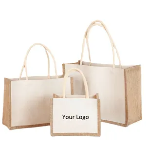 Custom Wholesale Cheap Reusable Custom Logo Printed Grocery Shopping Tote Jute Bag With Jute Cloth Core Handle Large Burlap