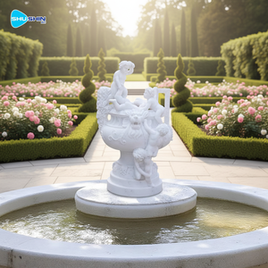 Estatua de Querubín Tallada a Mano en Mármol <span class=keywords><strong>Blanco</strong></span>, Urna con Cabeza de León, Decoración Clásica para Jardín Exterior, Escultura de Fuente de Mármol para Exteriores - Product Image 1