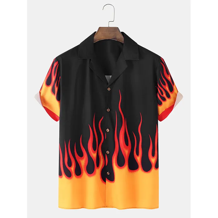 Custom latest designer Mens Flame Print Revere Collar Loose Casual Short Sleeve Shirts