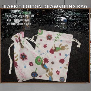 Small Rabbit Printed <b>Linen</b> <b>Cloth</b> Bag for Rings Recyclable Customizable Drawstring Bundle Packaging - Product Image 2