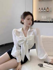 Blusa de Mujer, Primavera, Linda, con Cordones, Lazo, Manga Larga, Diseño <span class=keywords><strong>para</strong></span> Chicas <span class=keywords><strong>Gorditas</strong></span>, Talla Grande, Camisa Interior, Tops - Product Image 2