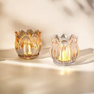 Tulip Flower Shaped Amber Clear Glass Candle Holder For Home Decoration