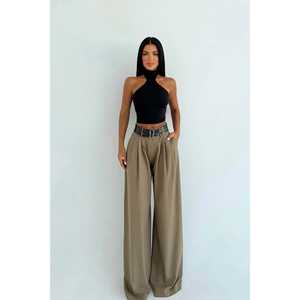 Pantalon décontracté marron Lumia pour femme avec double ceinture, taille élastique respirante et décorations colorées - Product Image 2