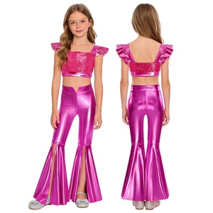 Kids Girls Dance Costumes Wholesalers Dance Performance Outfit Sparkling <b>Sequin</b> Metallic Crop <b>Top</b> With Pant Casual Daily Wear - Product Image 2