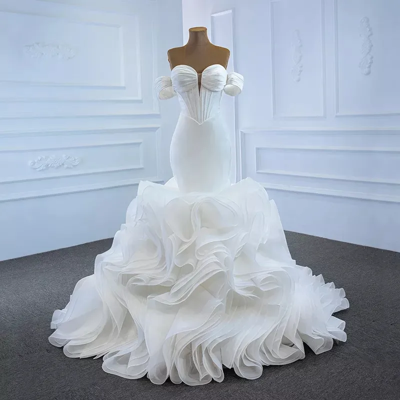 2022 Customize Fashion Off-shoulder short Sleeve Mermaid Wedding Bridal Dresses Ruffle Fish Tail Wedding Dress Bridal Ball Gown