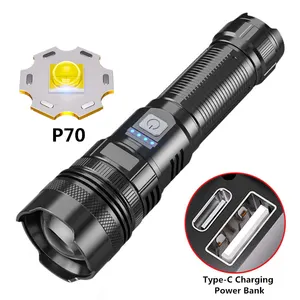 High Power P70 LED Type-C Rechargeable Patrol Zoom Strong Light Multifunction Self Defense Emergency Camping Light Flashlight