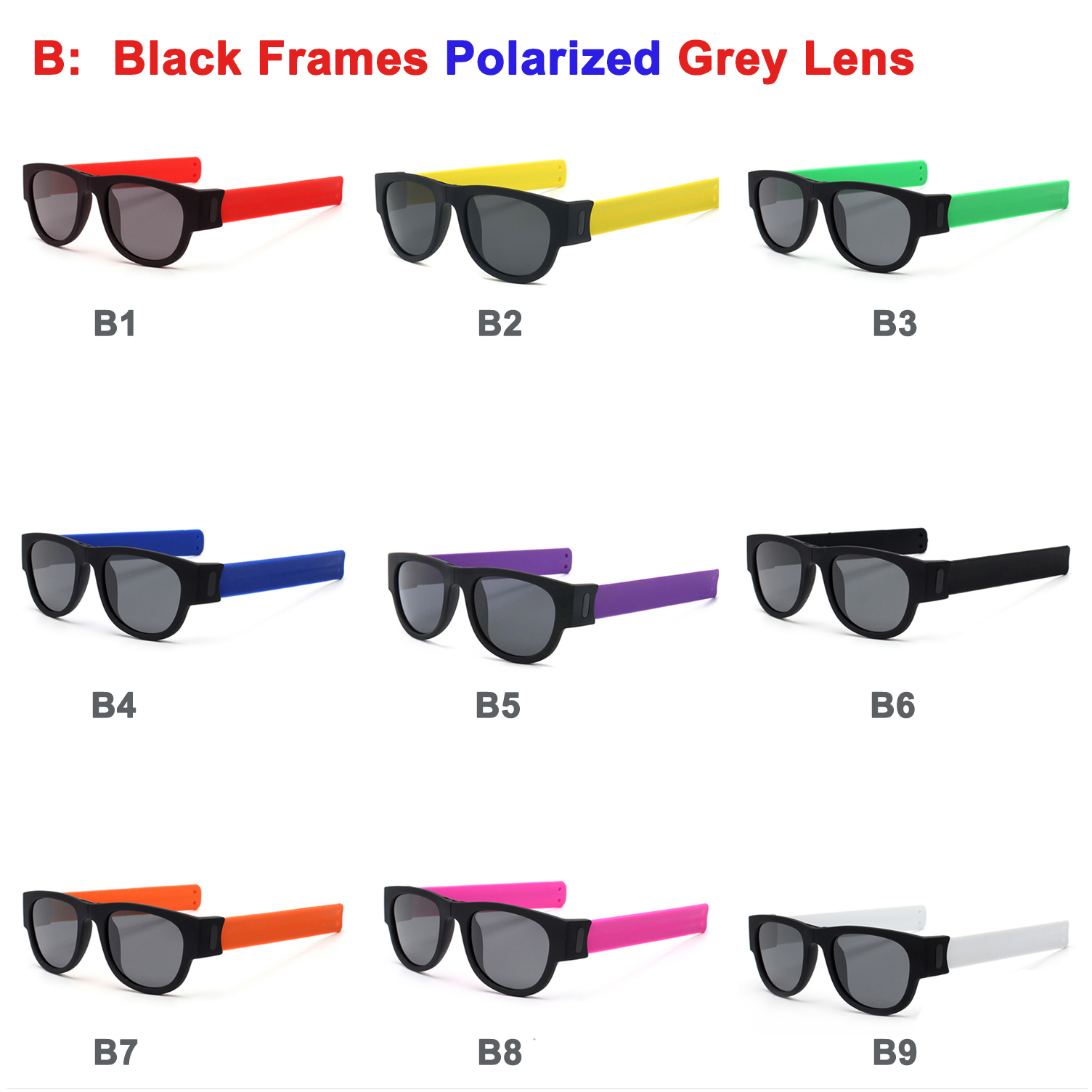 B : montures noires, verres gris polarisés.