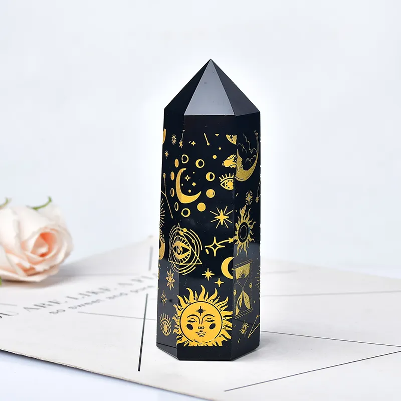 Varita de cristal de obsidiana Natural chapada con patrón de Luna y estrella dorada varita de punto piedra curativa energía cuarzo decoración del hogar Reiki