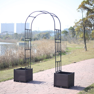 Outdoor Iron Arch Trellis With <b>Planters</b> 8 Feet Modern Garden Arbor For Backyard Climbing Plants - Product Image 1