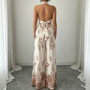 Ensemble assorti d'été bohème en satin imprimé feuilles de palmier pour femme, comprenant un crop top dos nu à nouer et un pantalon palazzo à jambes larges, deux pièces - Product Image 4