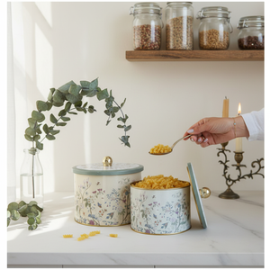 Round Metal Tin <b>Box</b> Set Dia 175x155 - Dia 140x125 Knob Handle (Set of 2) Floral Design Pastel Blue Botanica Design - Product Image 3