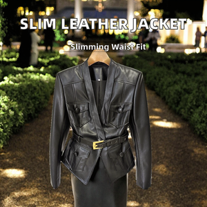 Chaqueta de Motocicleta de Cuero Genuino Migugarment para Otoño/Invierno, Chaqueta de Moda para Mujer con Cuello Camisero, Mangas Largas y Corte Ajustado - Product Image 2