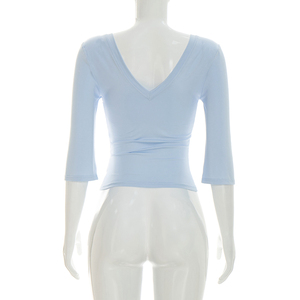 Viviblook C26TP140 T-shirt décontracté pour femme, couleur unie, col en V, crop top pour femmes - Product Image 3