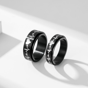 Rotating Electrocardiogram Couple Titanium Steel <b>Ring</b> Heart Pattern Unisex Jewelry Gift 6mm 8mm Black Steel Color - Product Image 4