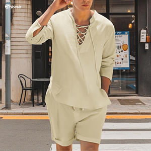 Set Estivo da <span class=keywords><strong>Uomo</strong></span> in <span class=keywords><strong>Lino</strong></span> e Cotone Antipiega Traspirante con Colletto alla Coreana, T-Shirt Casual e Camicia a Due Pezzi - Product Image 1