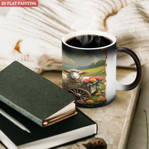 Frosted Black 11oz <b>Ceramic</b> <b>Mug</b> Heat Activated Coffee Cup With Sheep Cart Art Design - Product Image 3