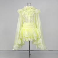 OUDINA Nouvelle Arrivée Ensemble Deux Pièces : Blouse Douce à Manches Longues, Transparente et à Volants, et Mini-Jupe Courte