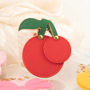 Peach Shaped PU Leather Compact Mirror Keychain Double Sided Folding Travel Mirror <b>Pocket</b> Purse Charm for Gift Promotional Use - Product Image 1