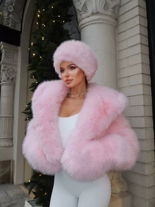Giacca Corta Trendy in Pelliccia Rosa <span class=keywords><strong>con</strong></span> Cappuccio Grande, Stile Instagram, Cappotto Invernale Rosa Sakura, Abbigliamento Sintetico Soffice - Product Image 5