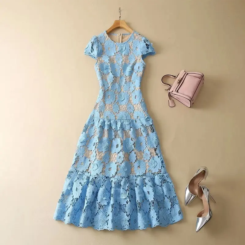 Slim Fit & Flare Dress 2023 Summer Party Cocktail Women O-Neck Allover Crochet Lace Embroidery Short Sleeve Blue Pink Dress Belt