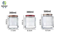 Pot à miel en verre transparent à nervures verticales, pot en verre à épaule carrée avec couvercle métallique pour confiture, cornichons, noix, emballage alimentaire en gros