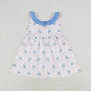 RTS ชุดเดรสเด็กแขนสั้นพิมพ์ลายปะต่อสีน้ำเงินชุดเด็กผู้หญิงตัวเล็กบูติก - Product Image 3