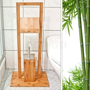 Bathroom Accessories Free Standing Display Shelf Bamboo Wood Rolling Paper Storage Organizer Toilet Brush Holders - Product Image 2