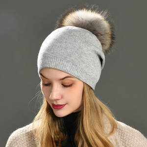 Wholesale Skull Luxury Double Layer Knit Winter Hat Fluffy Real Fur <strong>Pom</strong> <strong>Pom</strong> Soft Warm Custom Logo Slouchy <strong>Blank</strong> Adults <strong>Beanies</strong> - Product Image 2