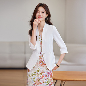 Women's Thin Blazer White Three Quarter Sleeve Solid Color Breathable Suit Top - Product Image 1