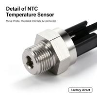 Capteur de température NTC avec sonde en acier inoxydable, interface filetée, connecteur noir, fabrication OEM personnalisée, vente en gros