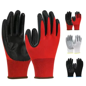 Guante de trabajo de nitrilo impermeable GMG rojo poliéster negro guantes de nitrilo lisos trabajo de construcción guante mecánico de automóviles